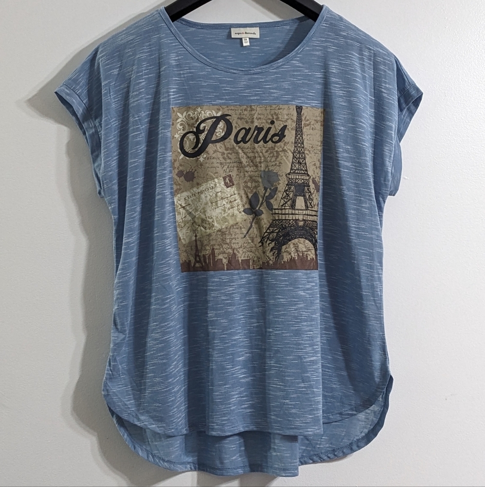 Women's Blue Paris Postcard Dolman Short Sleeve Graphic T-shirt, Size 2X, NEW